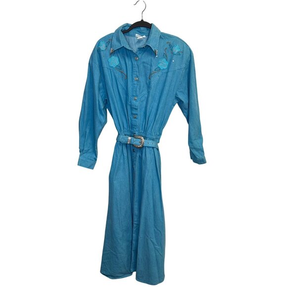 VTG Trillium Blue Denim Dress Western Cowgirl Embroidered Floral Belt Size XL - Picture 1 of 9